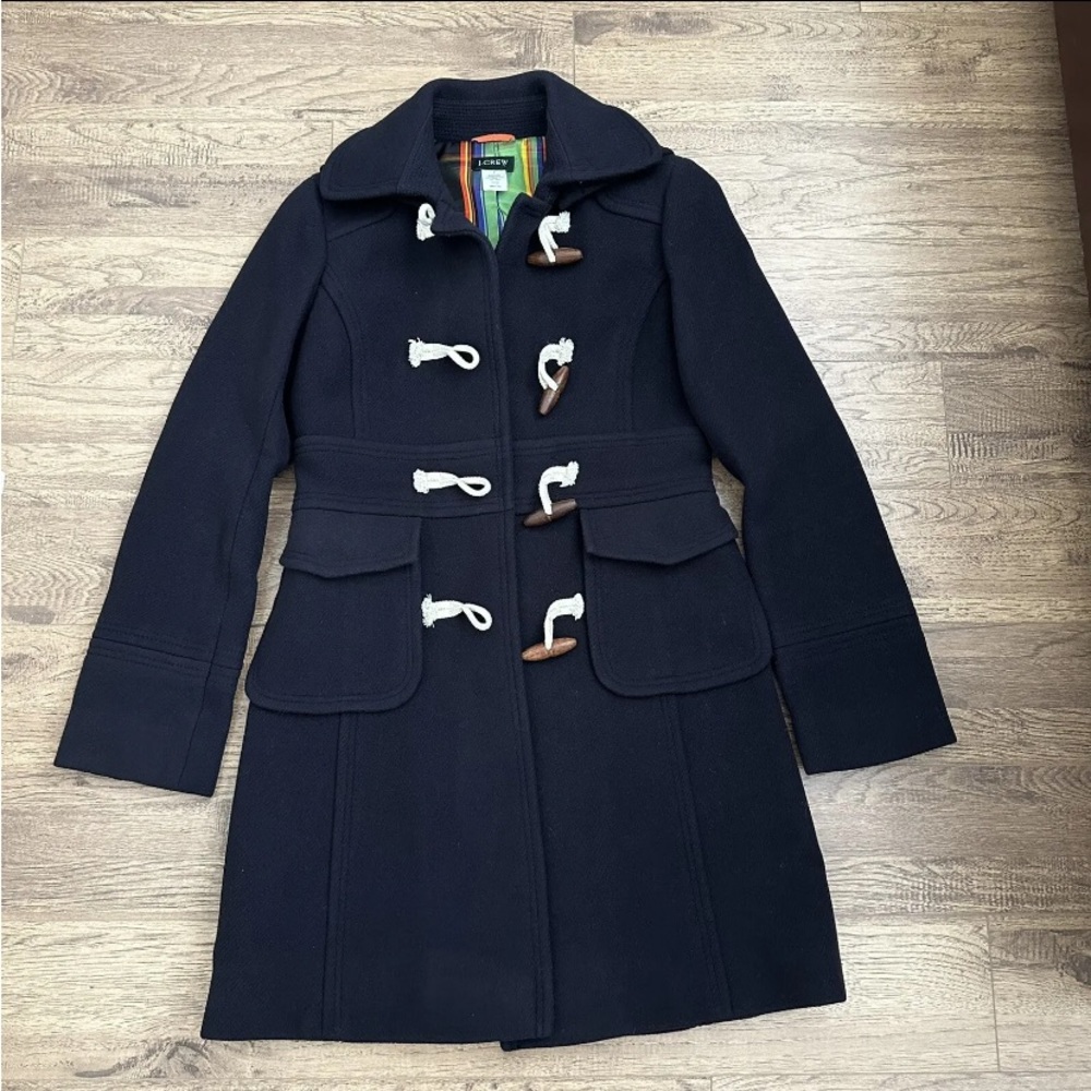 J. Crew Black Wool Silk Plaid Toggle Pea Coat Jacket - Picture 11 of 16